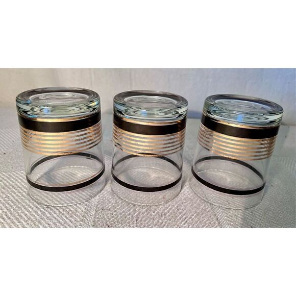 VTG SET 3 MCM Black & Gold Stripe STRIPED Low Ball Rocks Bar Glasses Whiskey - Picture 7 of 12